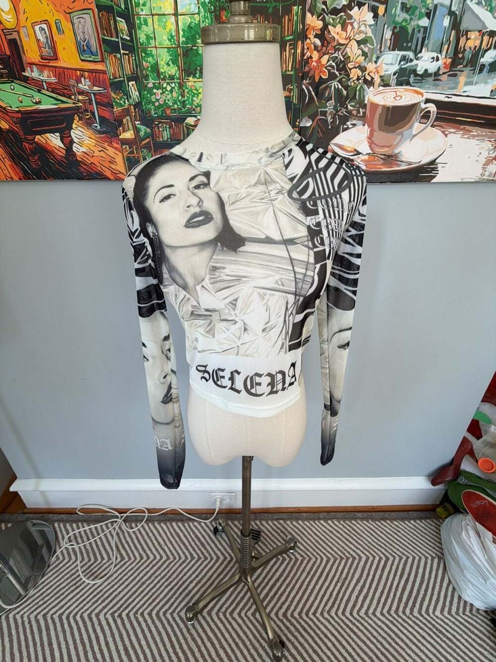 Official Selena Merchandise Collage Print Mesh Long-Sleeve Crop Top size S